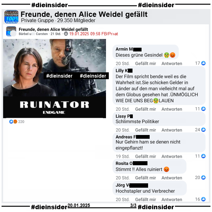 In der Gruppe "Freunde, denen Alice Weidel gefällt" wird ein Bild geteilt, auf dem man Annalena Baercock und Robert Habeck als Terminator sieht. Dazu steht "Ruinator Endgame"!

Wir zeigen auf Slide 3 u.a. die Kommentare "Dieses grüne Gesindel.", "Der Film spricht bende weil es die Wahrheit ist.Sie schicken Gelder in Länder auf den man vielleicht mal auf dem Globus gesehen hat .Unmöglich wie die uns Beglauen.", "Schlimmste Politiker.", "Nur Gehirn ham se denen nicht eingepflanzt!", "Stimmt! Alles ruiniert." und "Hochstapler und Verbrecher."
