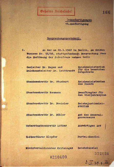 Historical document titled "Geheime Reichssache," dated from 1942, listing German officials and departments involved in a conference on the "Final Solution of the Jewish Question" held in Berlin. The document is typewritten with numbered points and official stamps.