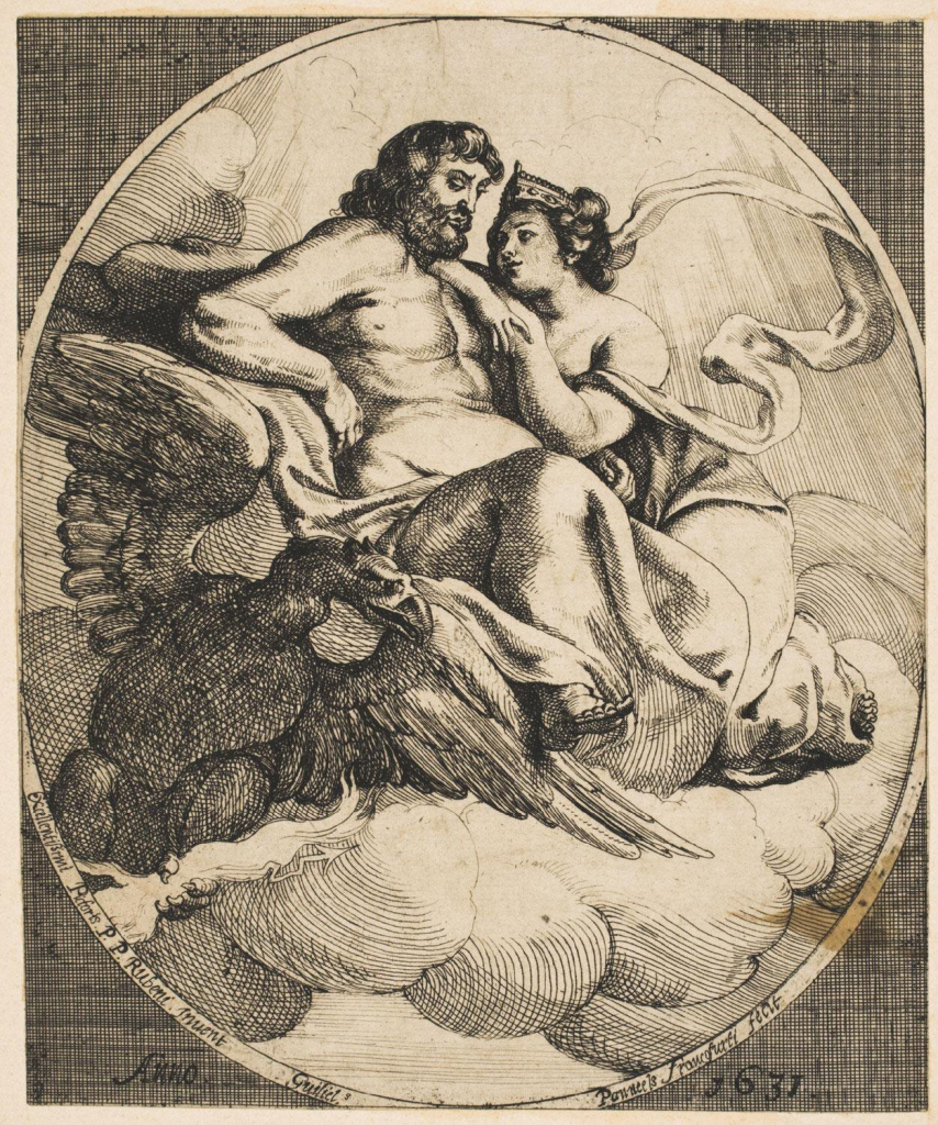 Drawing titled Jupiter and Juno (1631). The detailed line drawing shows a man with a beard (Zeus) lounging on a throne with a woman in a crown (Hera), looking lovingly at him. In the bottom left of the image is a large bird. 
