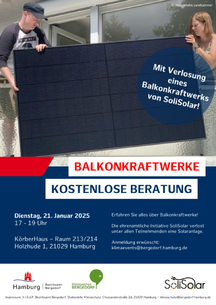 Das Bezirksamt Hamburg Bergedorf lädt ein zu einer Informationsveranstaltung über balkonkraftwerke am Dienstag, 21 januar von 17 Uhr bis 19 Uhr im Körberhaus Raum 213/214. Unter den Teilnehmern wird ein Balkonkraftwerk verlost