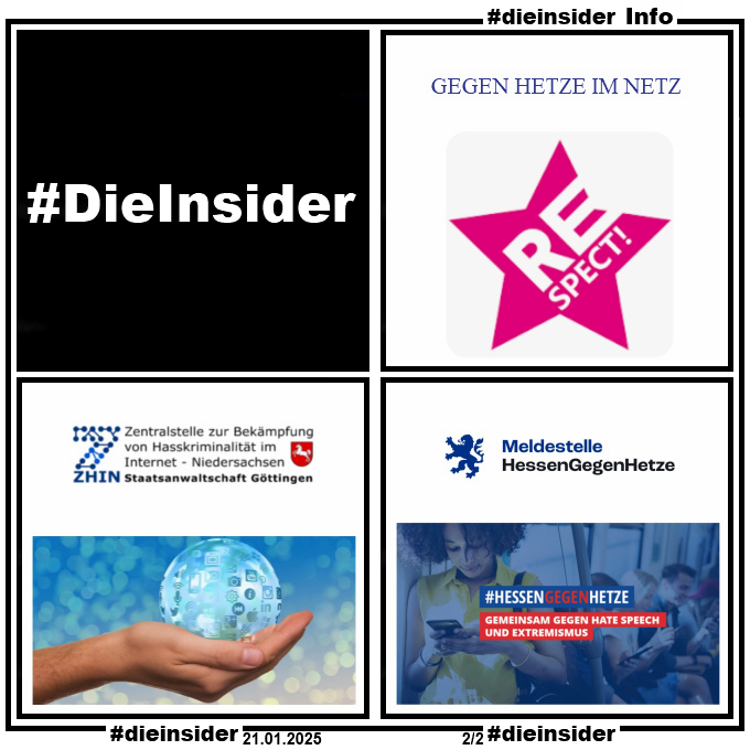 Hier zeigen wir als Info neben unserem Logo noch die Hass-Meldestellen der ZHIN, Hessen gegen Hetze und Respect!
