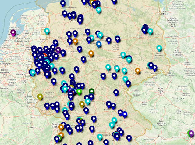 Ausschnitt aus der Karte Technikspenden: sehr viele Einträge in ganz Dtld - verschiedene Farben für die jeweiligen Vereine