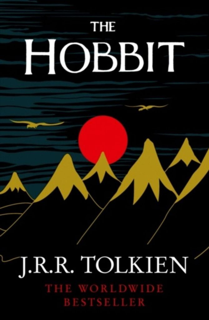 cover art for The Hobbit by JRR Tolkien (a worldwide besteller) - stylized mountains, sun with two flying creatures in the sky