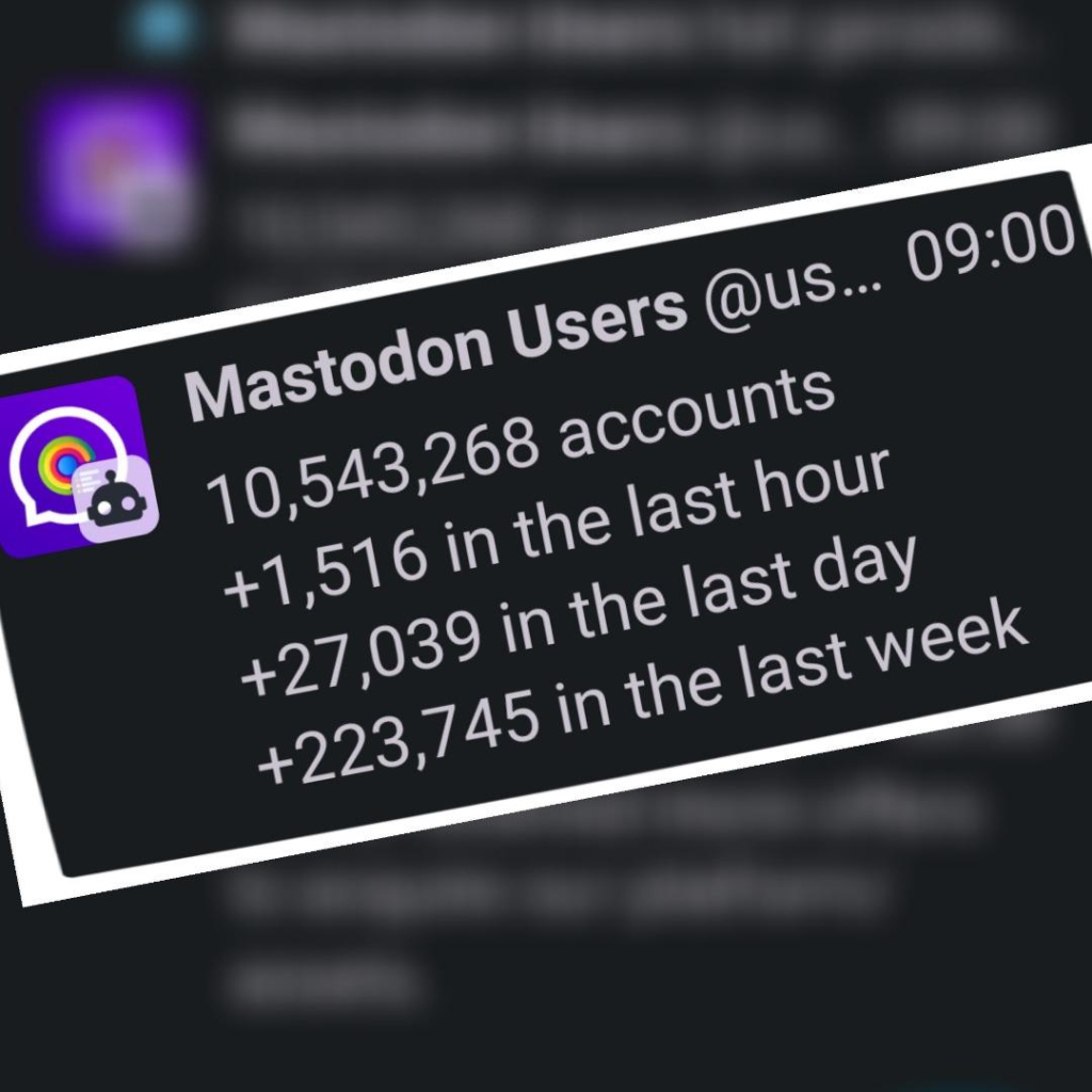 Das Bild zeigt einen Screenshot eines Mastodon-Benachrichtigungsfeldes. Es zeigt die Gesamtzahl der Mastodon-Konten (über 10 Millionen) und die Zunahme der Konten in der letzten Stunde, dem letzten Tag und der letzten Woche. Die Zahlen zeigen ein starkes Wachstum der Plattform an.

Bereitgestellt von ⁨@altbot⁩, generiert mit Gemini