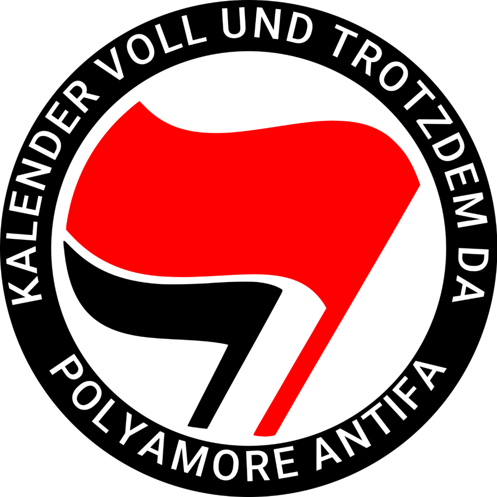 Antifa logo. 
Oberer Text: "Kalender voll und trotzdem da"
Unterer Text: "polyamore Antifa"