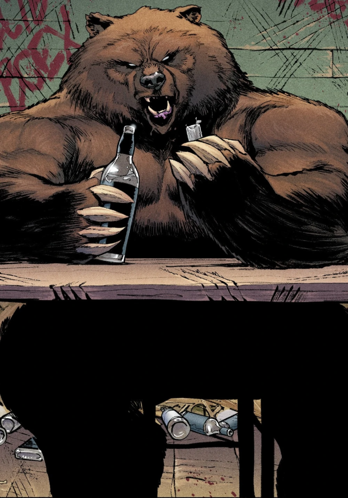 Comic book image of Mikhail Ursus, in the form of Ursa Major. The image shows a large brown bear sitting at a table with claw marks, holding a bottle of liquor and a lighter. The background walls are scratched with graffiti 