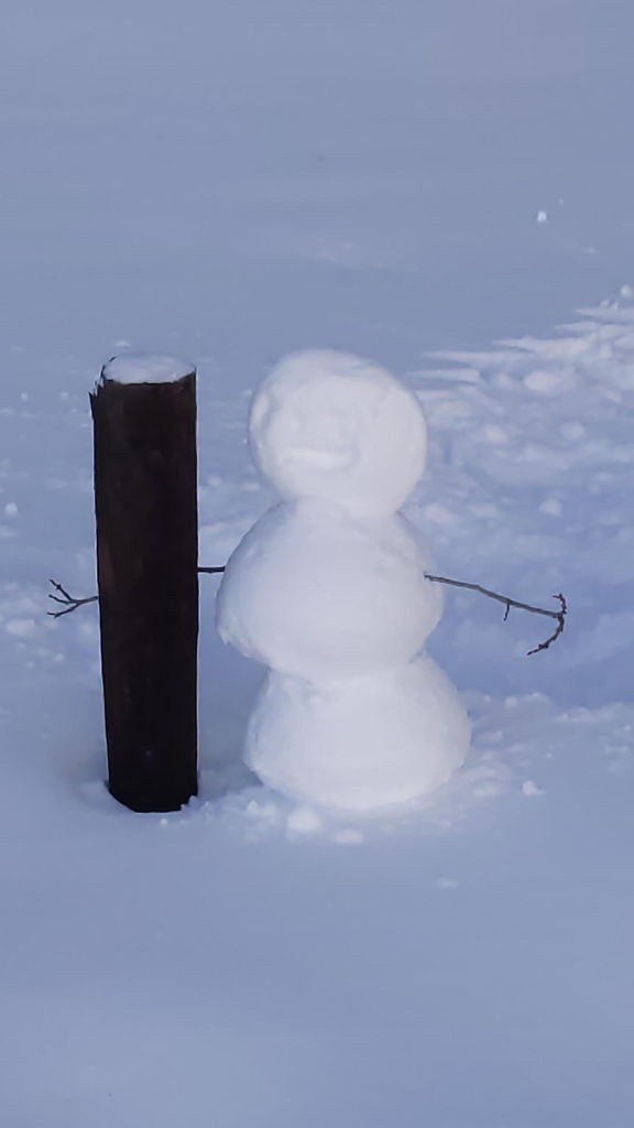 Snow person holding on to a wooden post