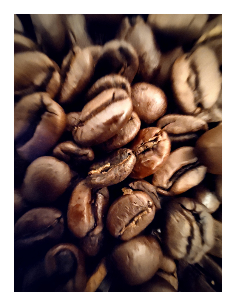 Distorted, wide-angle close-up of espresso beans.