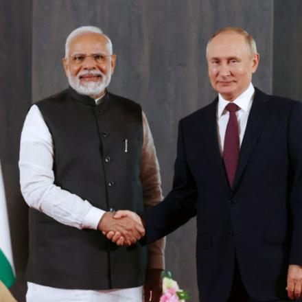 Russian President Vladimir Putin with Indian Prime Minister Narendra Modi on the sidelines of the Shanghai Cooperation Organisation summit, Samarkand, Uzbekistan, September 16, 2022