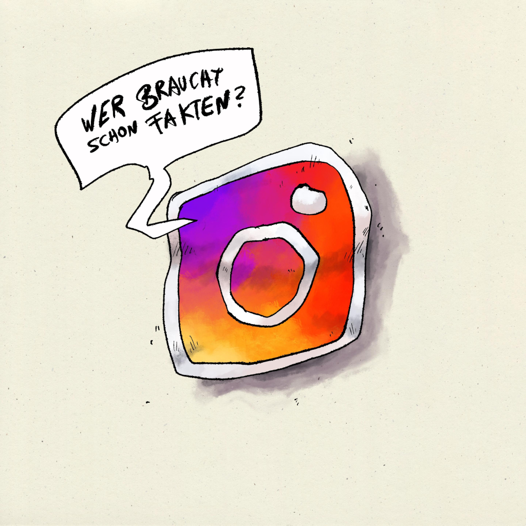 The icon from instagram, slightly wrinkled, saying (in german) "Who needs facts?"