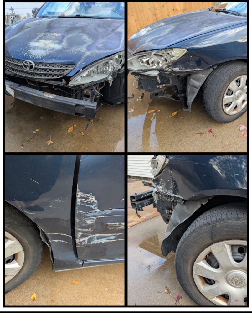 A collage showing front end, front door, and headlight damage to Rezmeralda, my car. 