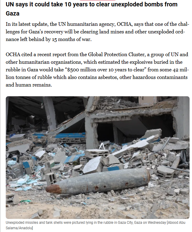 textshot:
"UN says it could take 10 years to clear unexploded bombs from Gaza
In its latest update, the UN humanitarian agency, OCHA, says that one of the challenges for Gaza’s recovery will be clearing land mines and other unexploded ordnance left behind by 15 months of war.

OCHA cited a recent report from the Global Protection Cluster, a group of UN and other humanitarian organisations, which estimated the explosives buried in the rubble in Gaza would take “$500 million over 10 years to clear” from some 42 million tonnes of rubble which also contains asbestos, other hazardous contaminants and human remains."

included is a photo: "Unexploded missiles and tank shells were pictured lying in the rubble in Gaza City, Gaza on Wednesday [Abood Abu Salama/Anadolu]"