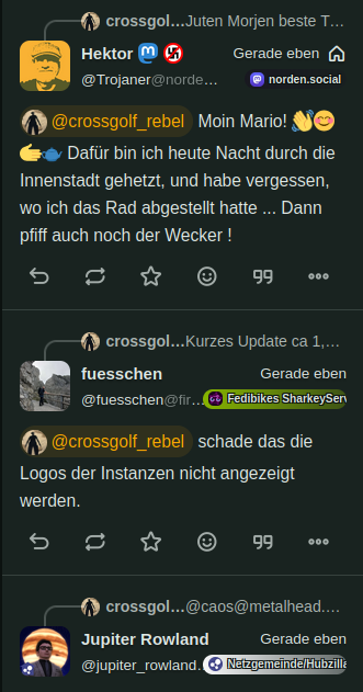 Screenshot meines benachritigungsstreams mit drei Antworten, wo man das Logo der Instanz sieht und welche Software darauf läuft.

Hier Hubzilla, Sharkey und mastodon bei drei Antworten
