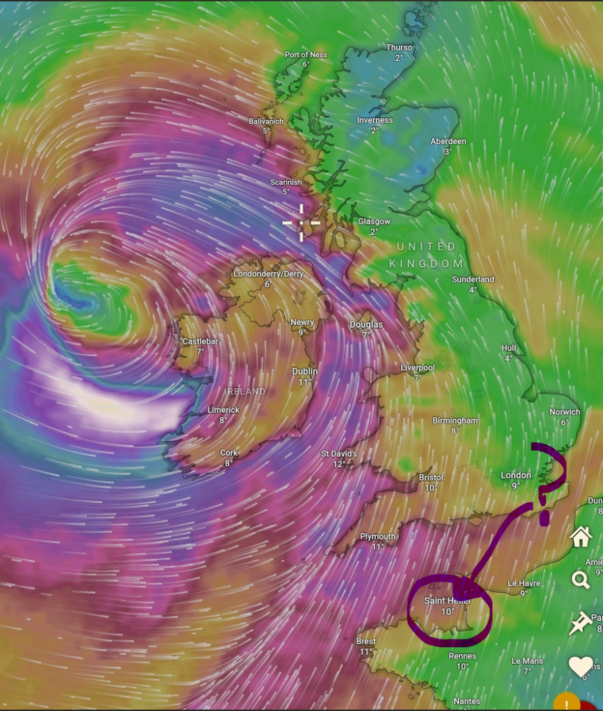 A weather map of the UK abd bear frnech coast, showing serious wind/storm with eye to the west of Ireland, and a purple drawn circle, with arrow and question mark over St Helier, Jersey