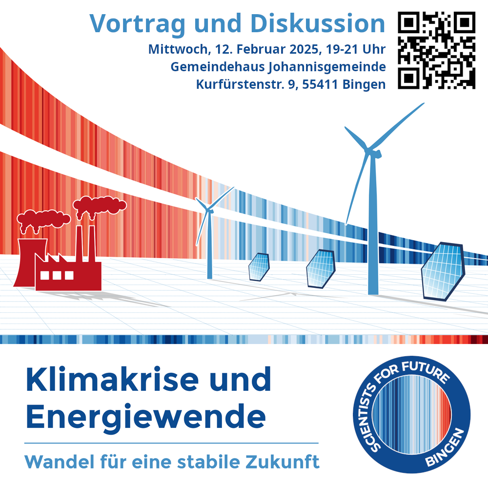 Sharepic:
Vortrag und Diskussion
12.2. 19 uhr
Klimakrise und Energiewende
Wandel für eine stabile Zukunft 
Im hintergrund warming Stripes, fabriken und windräder.