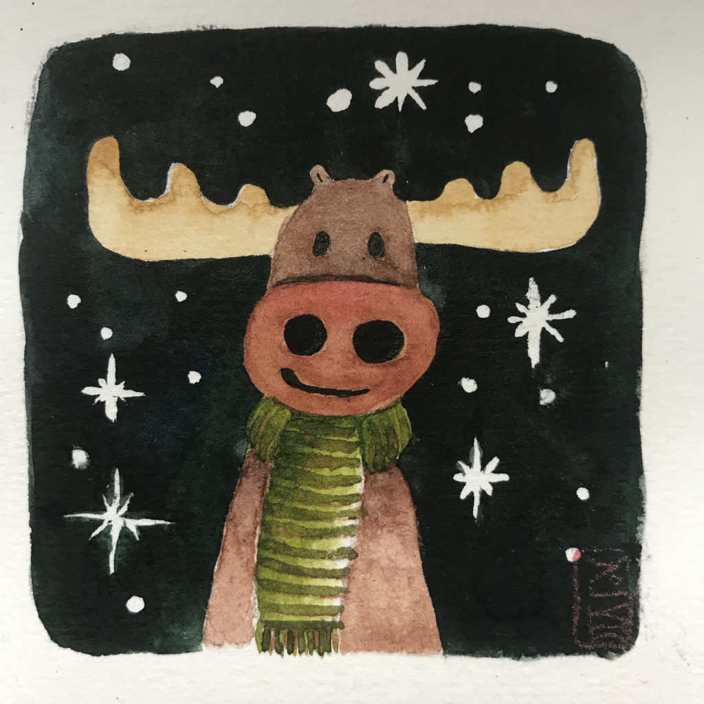 Watercolor illustration of a big nose reindeer wearing a green striped scarf  standing in a starry night