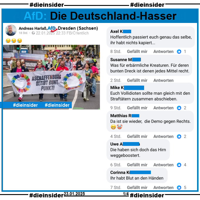 Geteilt wird zur schrecklichen Tat gestern am 22.01.2025 in Aschaffenburg auf AfD-Seiten und in AfD-Gruppen ein Bild vom 30.07.2023 der Demo "Aschaffenburg bleibt bunt. Punkt." Darauf zu sehen ist der Demonstrationszug mit dem Banner.

Wir zeigen hier auf Slide 1 den öffentlichen Post von Andreas Harlaß AfD Dresden in Sachsen mit u.a. den Kommentaren 
"Hoffentlich passiert euch genau das selbe, ihr habt nichts kapiert...", "Was für erbärmliche Kreaturen. Für deren bunten Dreck ist denen jedes Mittel recht.", "Euch Vollidioten sollte man gleich mit den Straftätern zusammen abschieben.", "Da ist sie wieder, die Demo gegen Rechts.", "Die haben sich doch das Hirn weggeboostert." und "Ihr habt Blut an den Händen."
