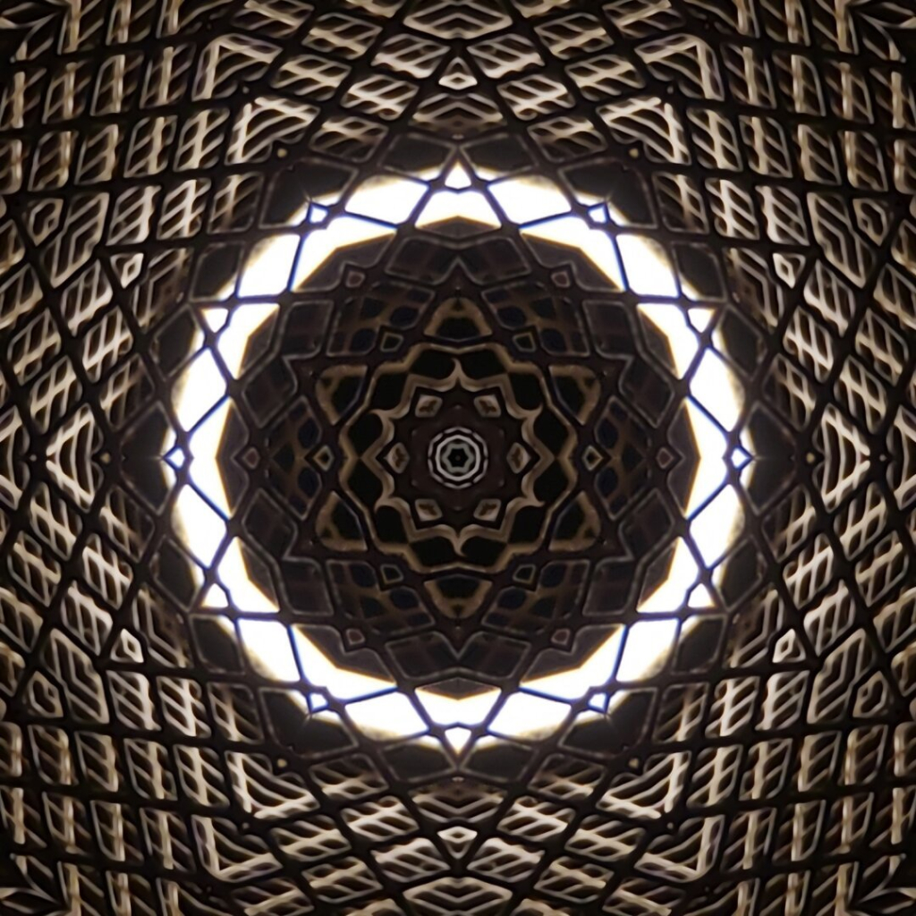 A digital art piece consisting of concentric 6-pointed star shapes in brown tones, divided by a white ring toward the center.