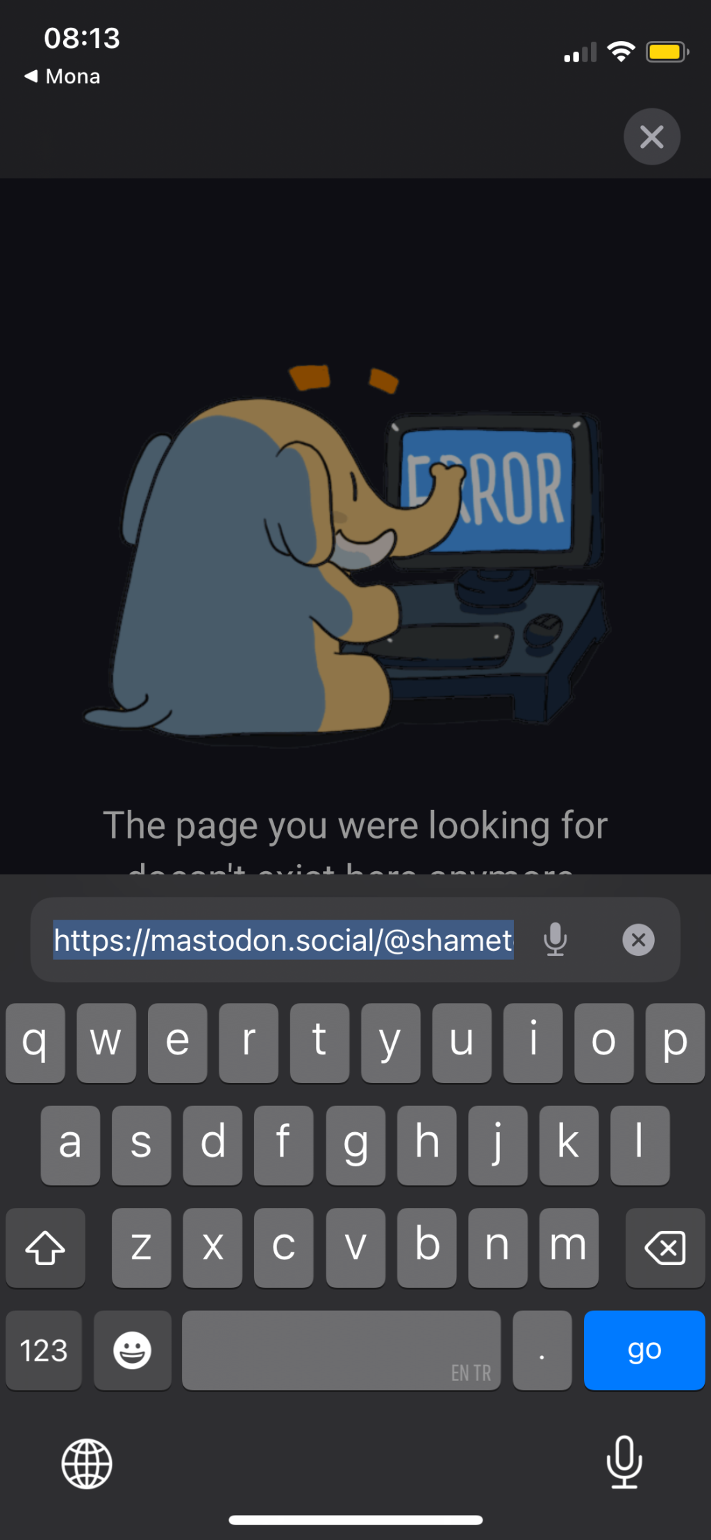 Screenshot of mastodon.social/@shametesla account: the page you were looking for doesn’t exist here anymore.