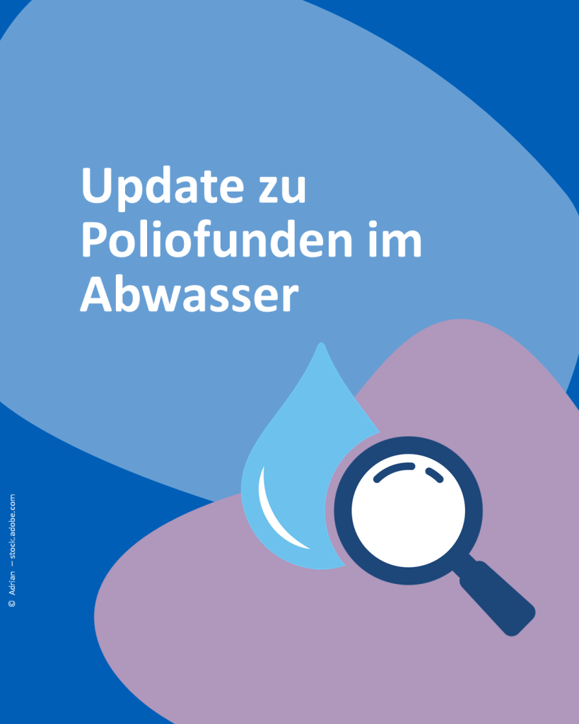 Update zu Poliofunden im Abwasser.
Die Kachel zeigt den Titel in weißer Schrift auf blauem Hintergrund. Daneben befindet sich eine stilisierte Illustration eines blauen Wassertropfens und einer Lupe. 