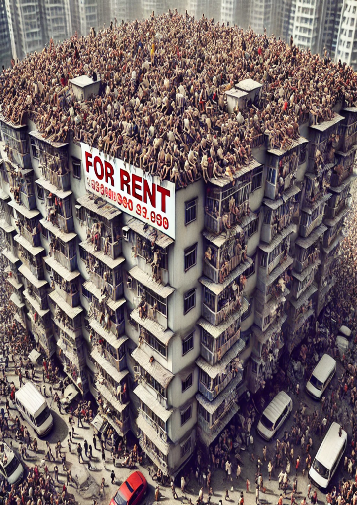 Image appears to depict a grey concrete tower block from above, with a view all the way down to the grey concrete streets, containing a few cars, and with grey concrete tower blocks in the background. On the top of one wall of the tower block is a large white sign saying "FOR RENT" in red, followed by some number-like shapes. Covering the roof of the main tower block, and apparently oozing from the windows, are hundreds of forms that appear to be roughly human, there are legs and torsos, all densely crowded together. There are other forms on the street that are more convincingly human, but not by much.