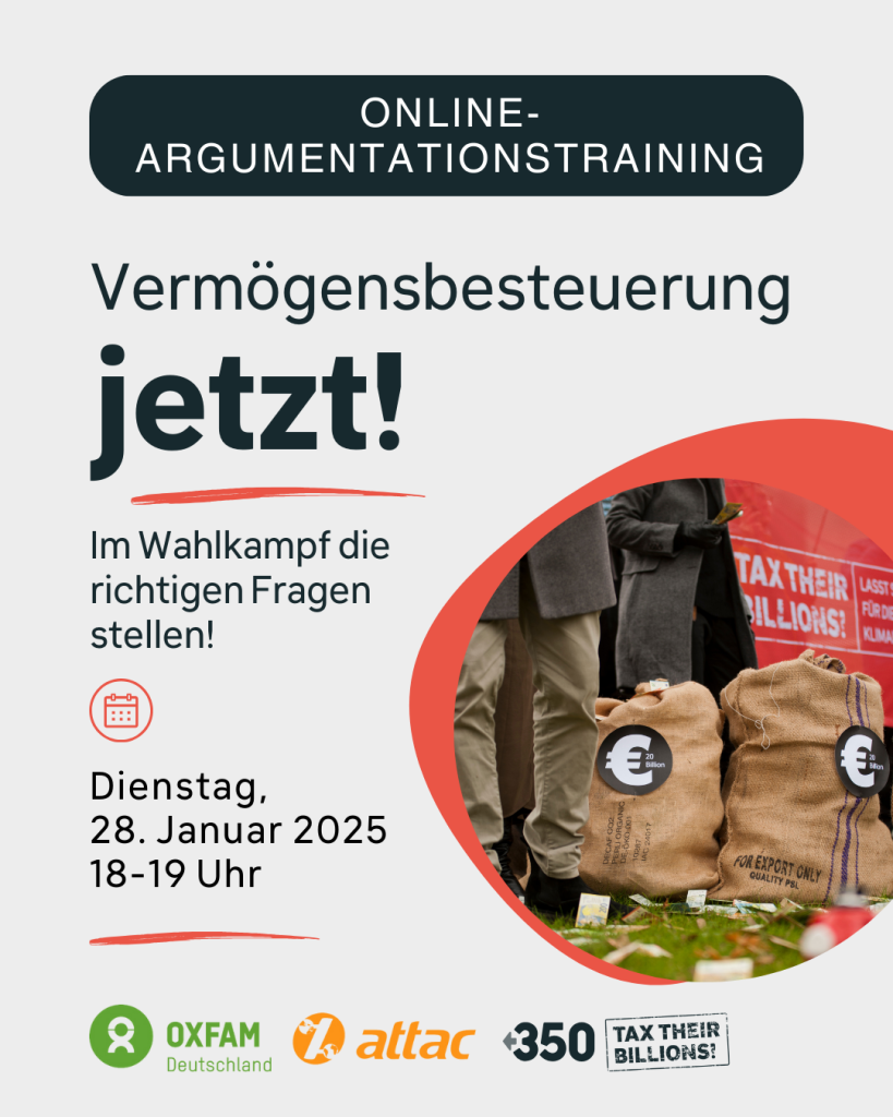 Grafik mit Text: Online-Argumentationstraining. Vermögensberatung jetzt! Im Wahlkampf die richtigen Fragen stellen. Dienstag, 28. Januar 2025 von 18-19 Uhr. 