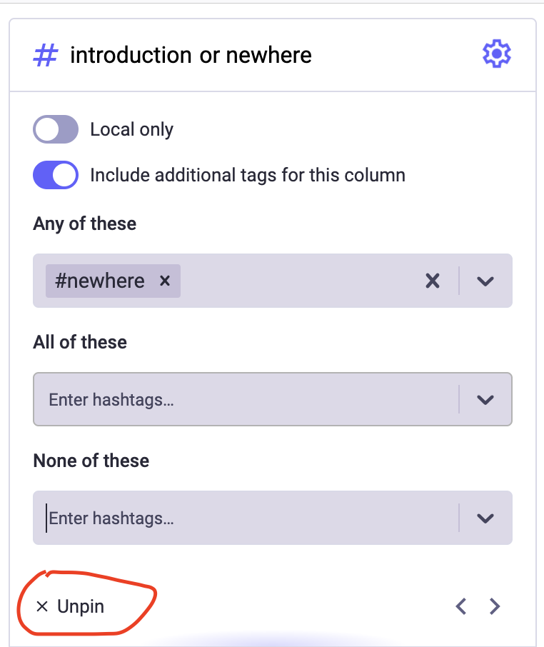 The settings for Mastodon's Advanced Web Interface, showing the settings for a column displaying #introduction or #newhere 

Pinned.