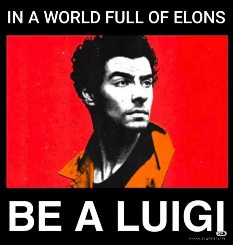 An image of Luigi Mangione in an orange prison jumpsuit with words around him that day, "In a world full of Elons, be a Luigi."