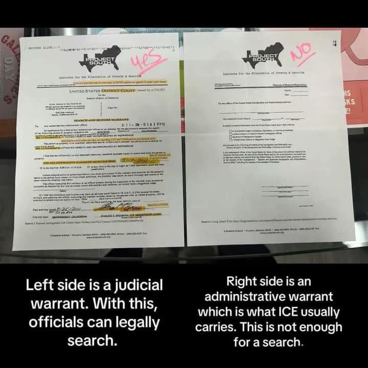 Image showing a judicial warrant on the left, which can be used for legal searches, and an ICE administrative warrant on the right, which ICE usually carries, and is not a legal warrant to search. 