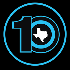 10th Anniversary logo for the Texas Standard radio show showing the familiar shape of the Lone Star State circled by the zero in a super-imposed 10 with a blue outlined circle around it. 