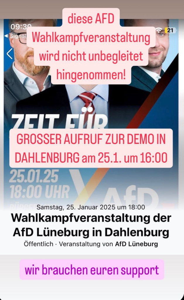 A poster advertises an AfD (Alternative for Germany) campaign event in Dahlenburg on January 25th, 2025, at 6 PM.  It features photos of two men in suits, and text in German stating that the event will not be tolerated unattended,  announcing a large demonstration and asking for support.  The poster also includes the time of the event (6 PM) and the date (January 25th, 2025).