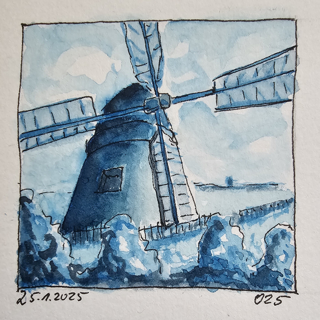 Aquarell Ton in Ton: Windmühle in Weinbergen