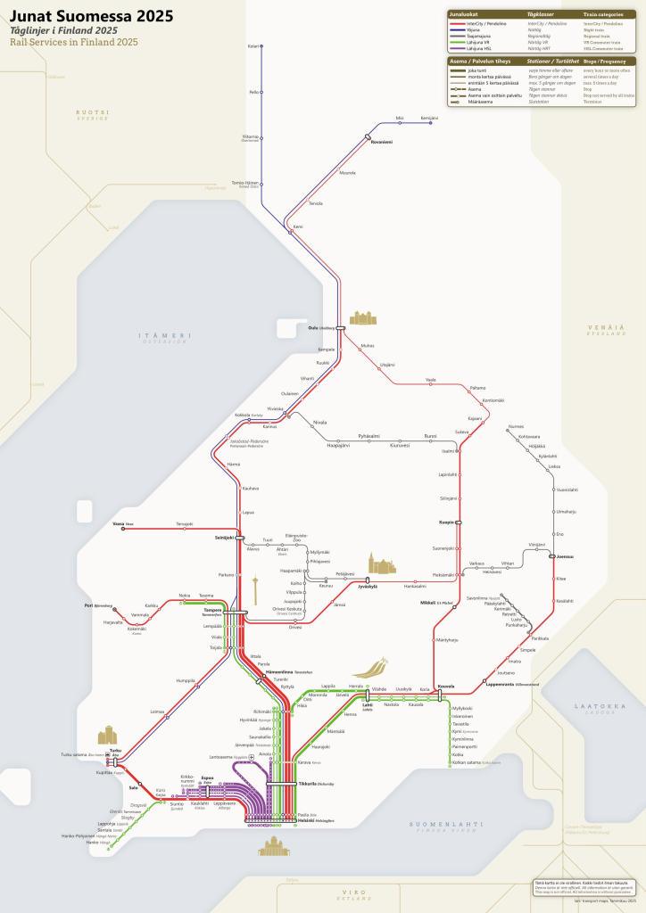 Finland transit diagram showing the train services