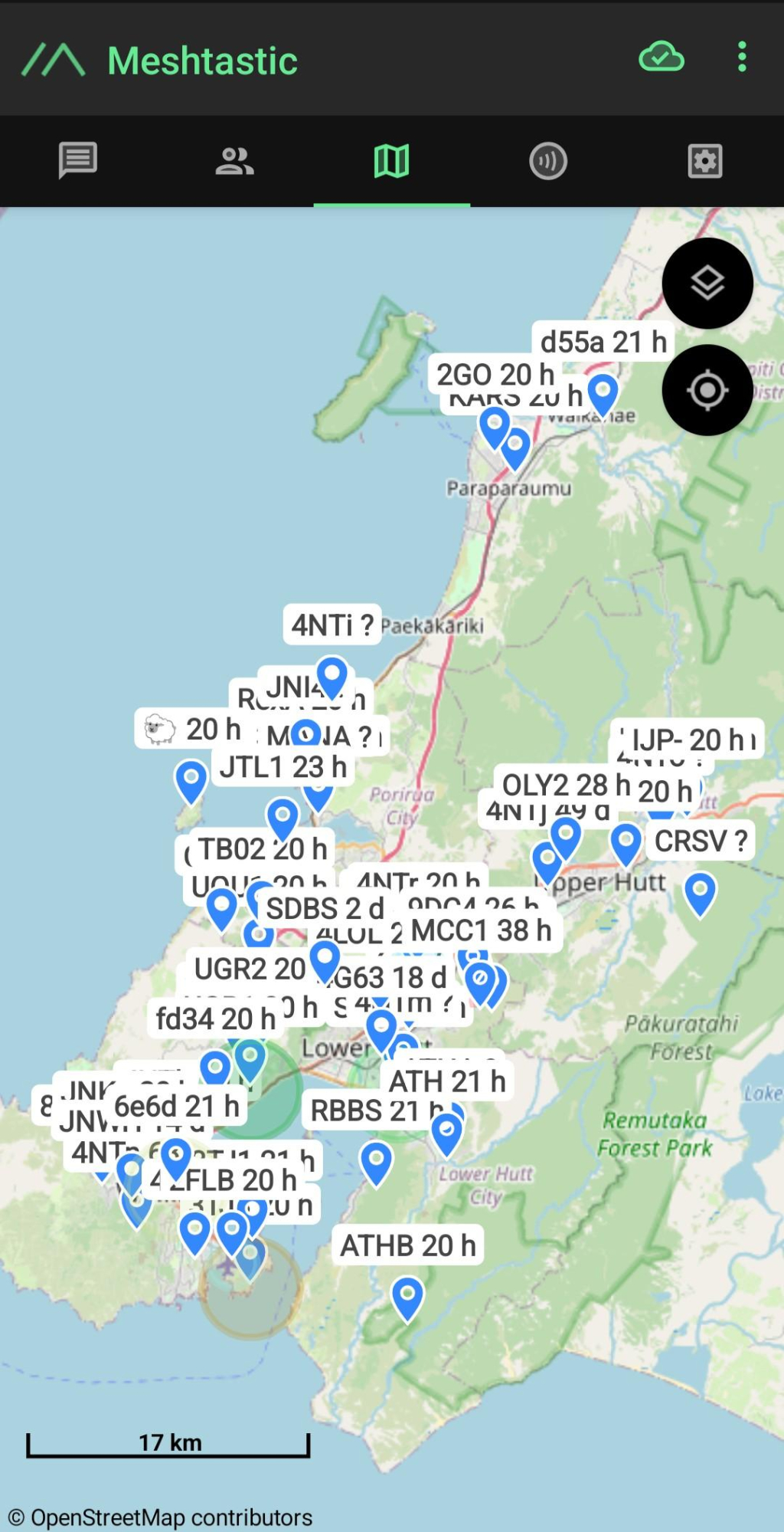 A screenshot of a map of the lower North Island, as seen in the Meshtastic Android app, and scattered with numerous community run Meshtastic nodes.