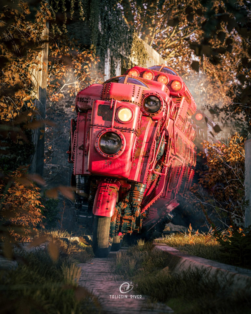 A realistic render of a scifi train driving through autumn trees, with the style of a historic locomotive but balancing on rubber tires like a motorcycle.