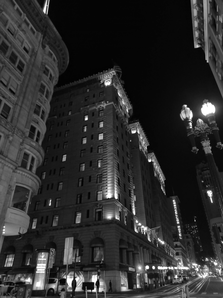 Nightly street scenery from San Francisco with highrising buildings of an imperial style