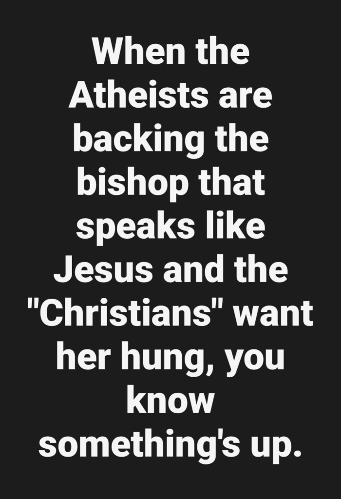 Atheists are backing a Bishop that speaks like Jesus, and 'Christians' want her hung, you know