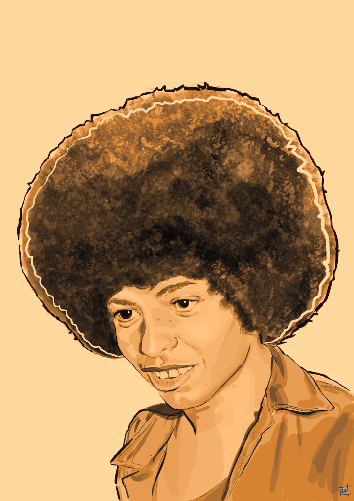 digital ink & paint illustration of living legend, angela davis.
here, she's half smiling in 3/4 profile. her eyes are looking slightly downward & her hair is a glorious halo.
colours are sepia tones from pale to burnt sienna.