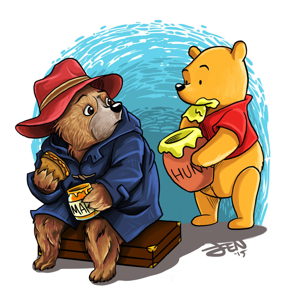 Drawing by by JenniferTehArt published on Deviant Art showing Paddington Bear sitting on a suitcase eating marmalade looking over his shoulder at Pooh Bear eating honey.  
