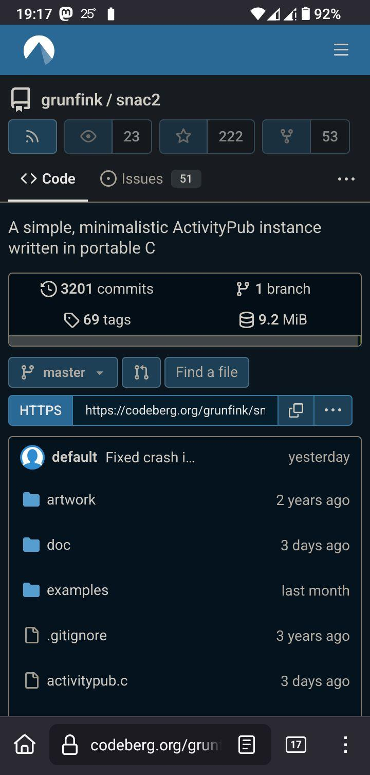 screenshot of a Codeberg page showing the project "grunfink/snac2," described as "A simple, minimalistic ActivityPub instance written in portable C". The page displays statistics: 3201 commits, 69 tags, 1 branch, and a size of 9.2 MiB. There's a list of files and folders including "default," "artwork," "doc," "examples," ".gitignore," and "activitypub.c."