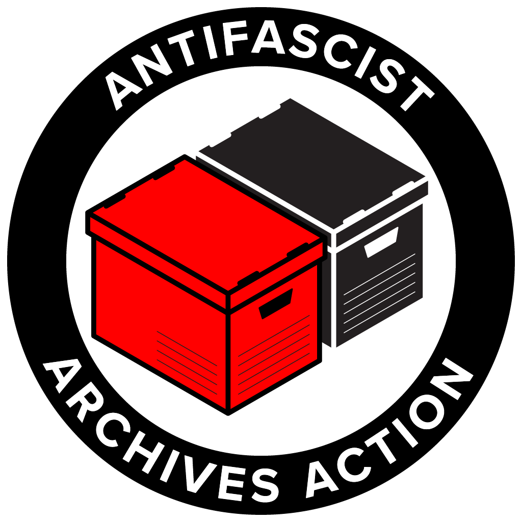 Antifascist logo showing two archival boxes, one red and one black. They are placed within a circle, and it say "Antifascist Archives Action".