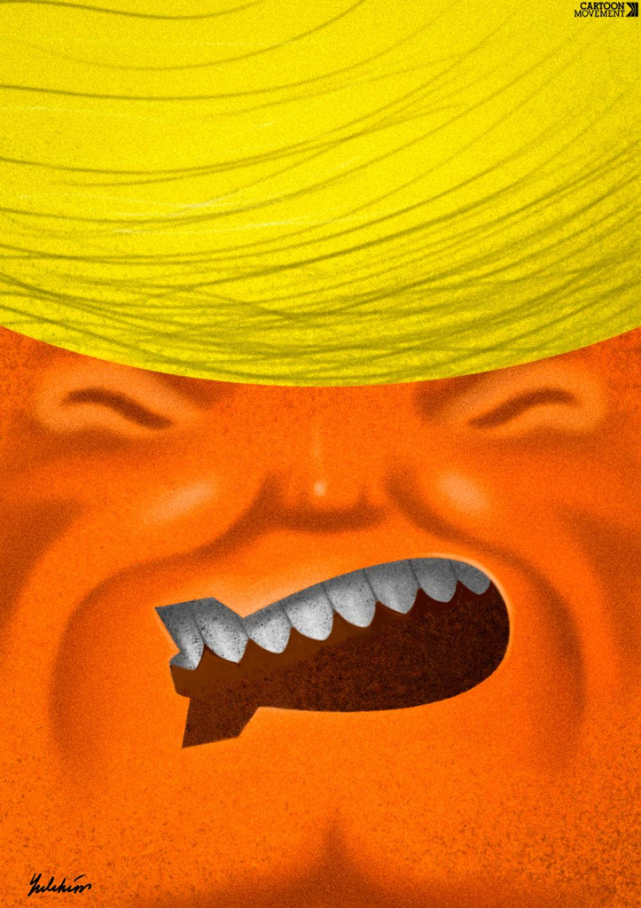 Cartoon showing a portrait of Donald Trump shouting, with his mouth in the shape of a bomb.