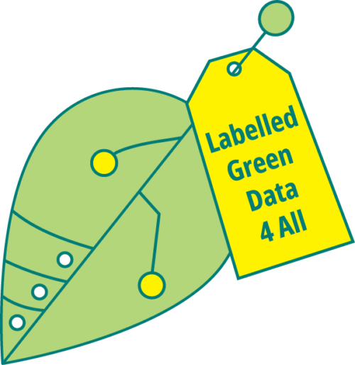 Ein grünes Blatt ist zu sehen, an dem ein gelbes Etikett befestigt ist, mit der Aufschrift: "Labelled Green Data 4 All".