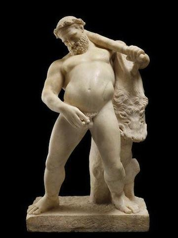 A sculpture of Hercules from the Roman city of Herculaneum. The hero is shown taking a leak, his club over his shoulder and the lionskin hanging from his arm making it clear to the onlooker that this figure is Hercules.