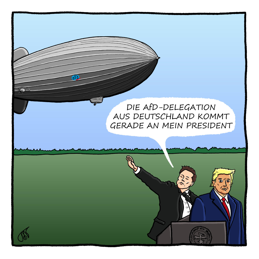 Musk is showing Trump the arrival of the AfD delegation. They use a zeppelin to fly in.