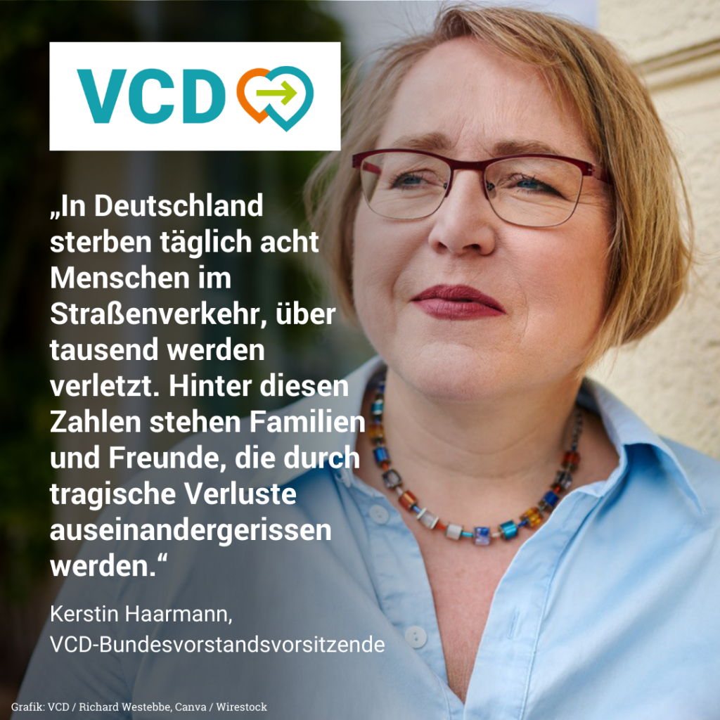 Man sieht ein Profilfoto der VCD-Bundesvorsitzenden Kerstin Haarmann. Text im Bild: Zitat Kerstin Haarmann: "In Deutschland sterben täglich acht Menschen im Straßenverkehr, über tausend werden verletzt. Hinter diesen Zahlen stehen Familien und Freunde, die durch tragische Verluste auseinandergerissen werden." 