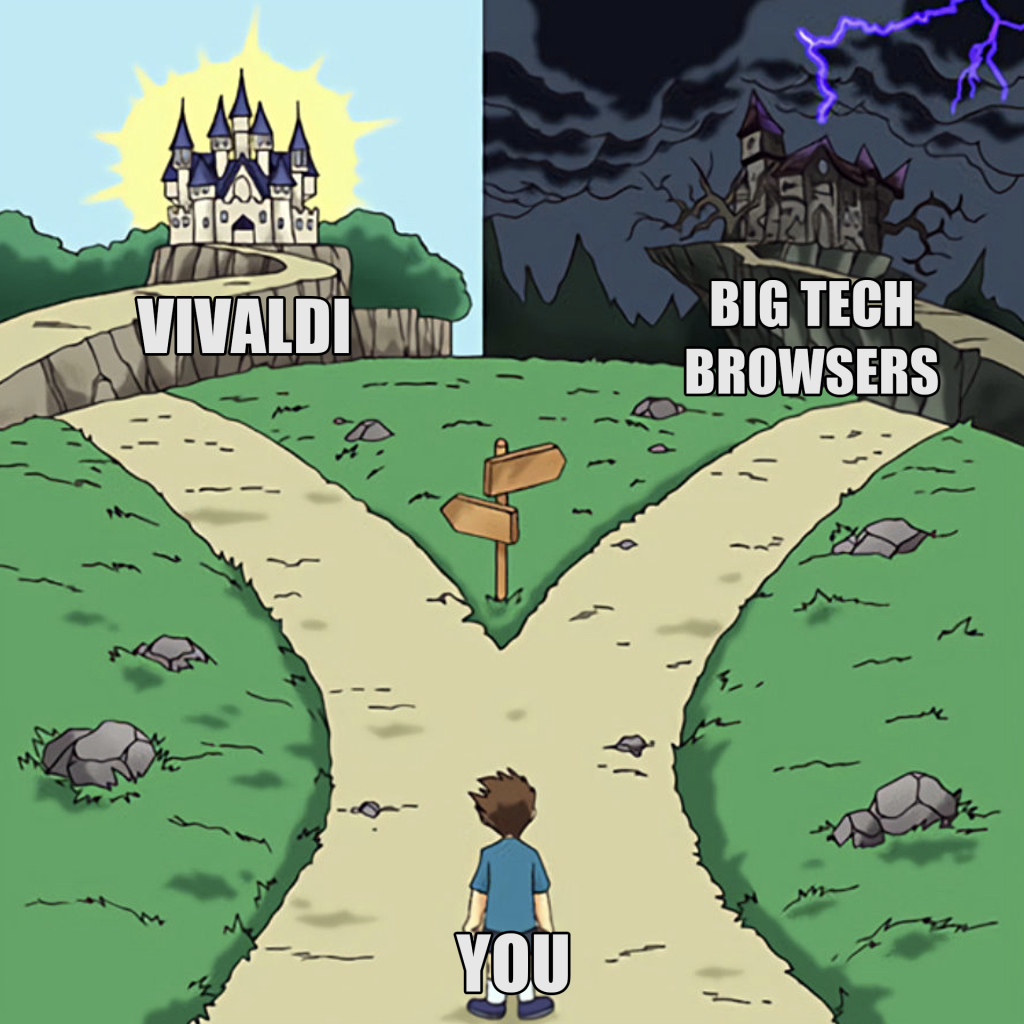 Cartoonish drawing of a person standing at a fork in the road. One path leads to a bright castle labeled 'Vivaldi,' built for people. The other leads to a dark fortress, symbolizing the Big Tech world.