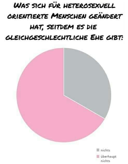 Ein Tortendiagramm, gerüttelt. Ein Drittel ist grau, zwei Drittel rosa. Überschrift:
WAS SICH FÜR HETEROSEXUELL ORIENTIERTE MENSCHEN GEÄNDERT HAT, SEITDEM ES DIE GLEICHGESCHLECHTLICHE EHE GIBT:
grau:
nichts
rosa:
überhaupt nichts