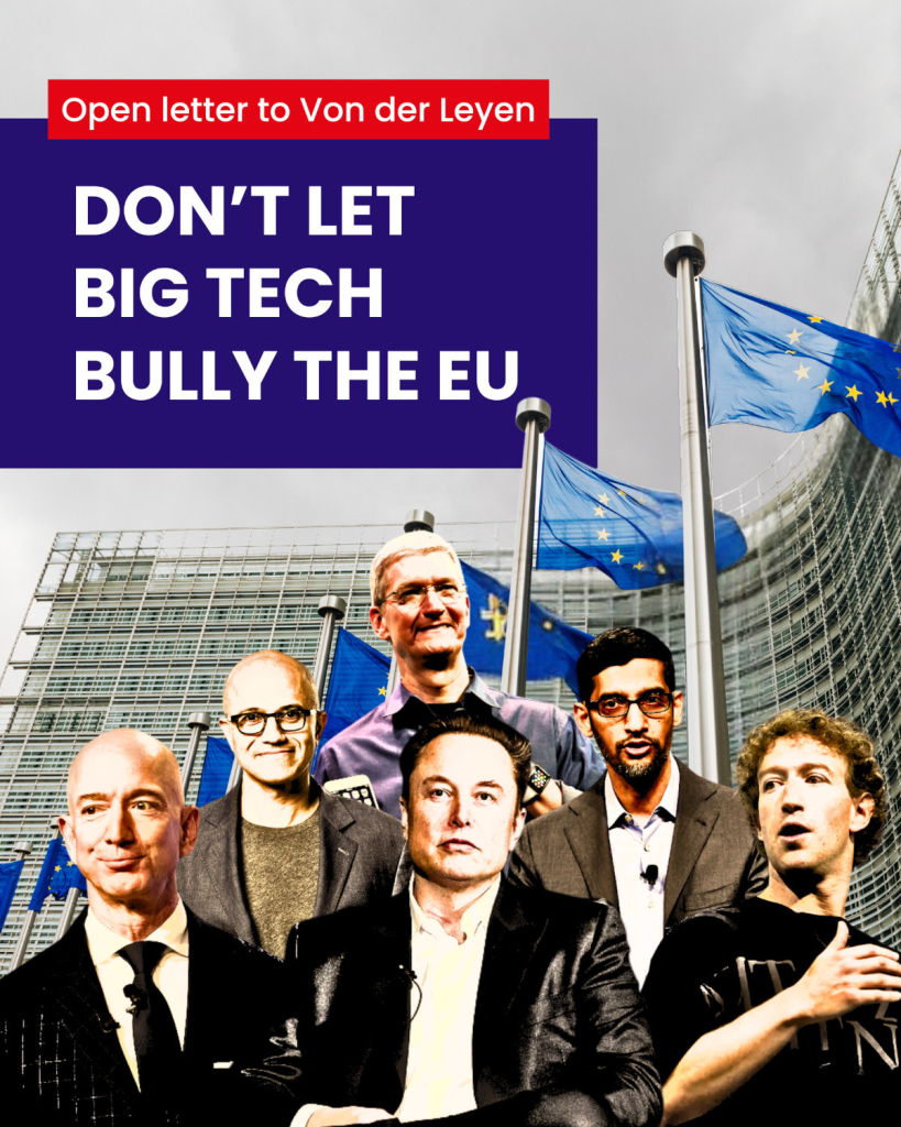 Fotomontage des EU-Hauptgebäudes mit den Köpfen der US-Tech-Milliardäre und dem Slogan "Don't let Big Tech Bully the EU"