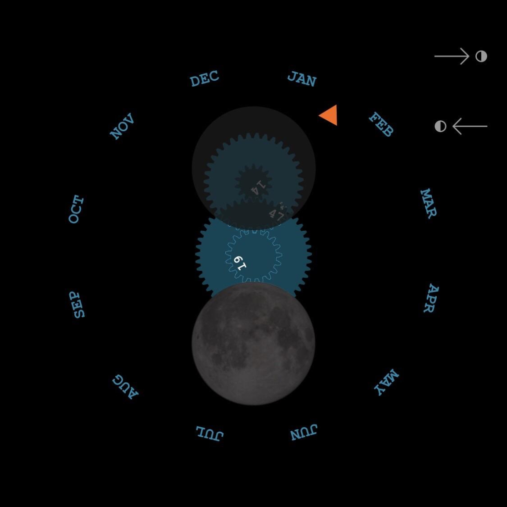 Meton, a virtual mechanical lunar phase calculator, showing new moon as of January 29, 2025.